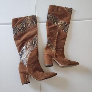 Sam Edelman Boots Womens Size 7.5 Brown Snake Print Suede Block Heel Tall Zip